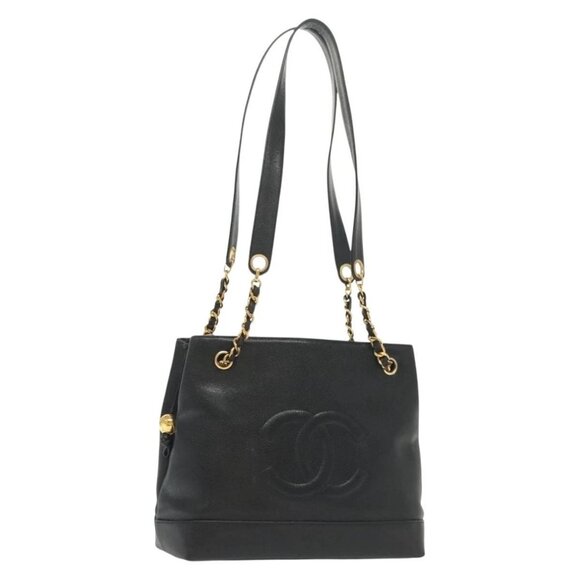 CHANEL COCO Mark Chain Shoulder Bag Grained Calf Skin Black Gold CC Auth 137666 - Picture 1 of 16